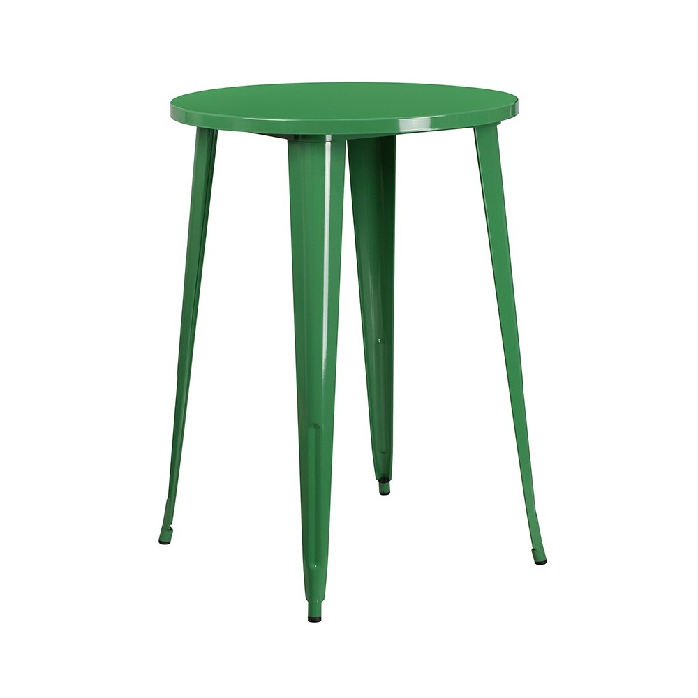 Commercial Grade 30" Round Green Metal Indoor-Outdoor Bar Table Set with 2 Square Seat Backless Stools
