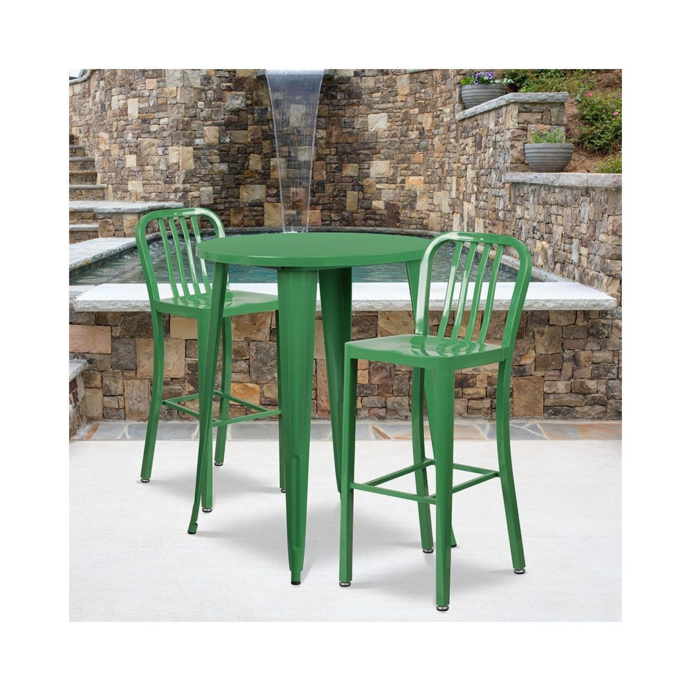 Commercial Grade 30" Round Green Metal Indoor-Outdoor Bar Table Set with 2 Vertical Slat Back Stools