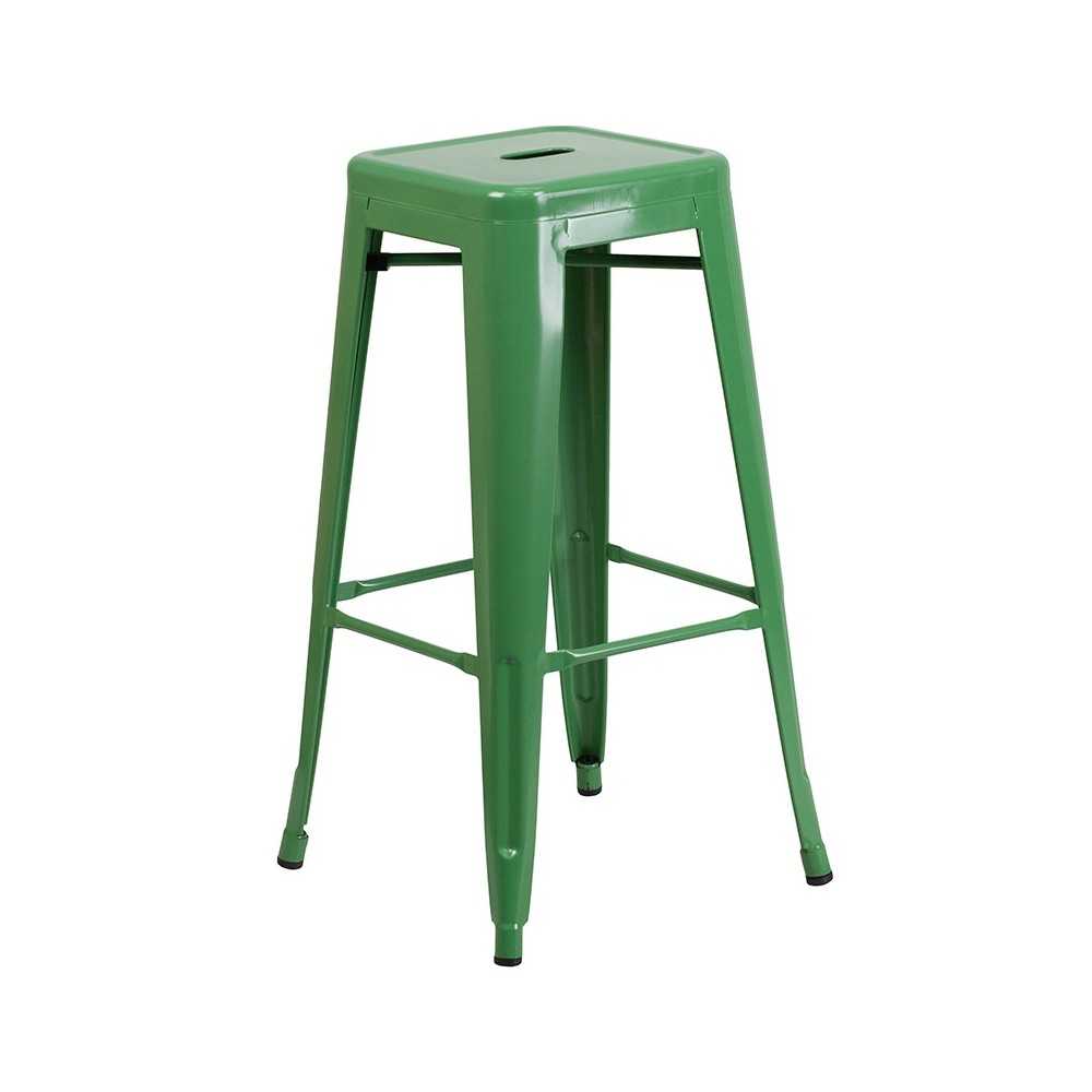 Commercial Grade 30" Round Green Metal Indoor-Outdoor Bar Table Set with 4 Square Seat Backless Stools