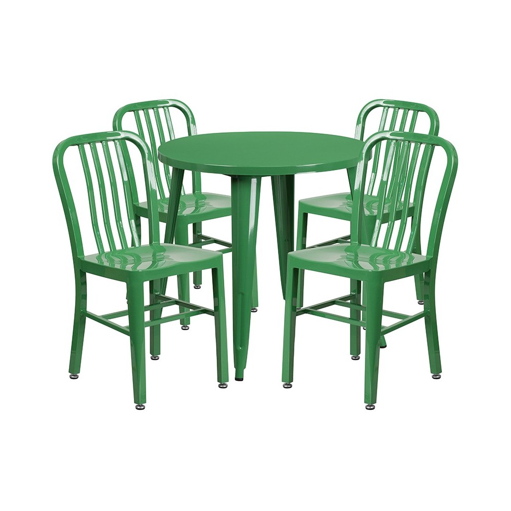 Commercial Grade 30" Round Green Metal Indoor-Outdoor Table Set with 4 Vertical Slat Back Chairs