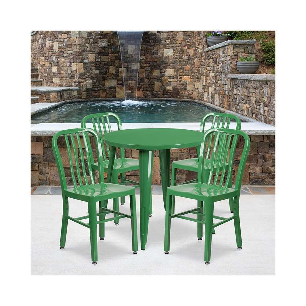 Commercial Grade 30" Round Green Metal Indoor-Outdoor Table Set with 4 Vertical Slat Back Chairs