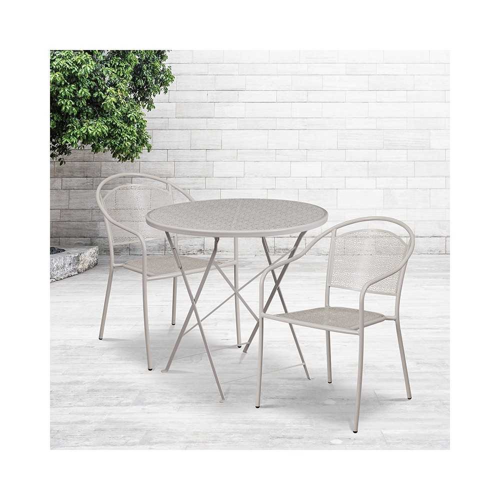 Commercial Grade 30" Round Light Gray Indoor-Outdoor Steel Folding Patio Table Set with 2 Round Back Chairs