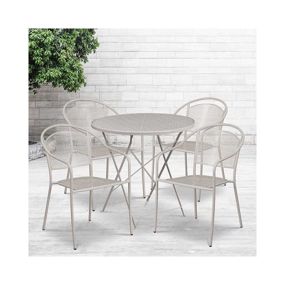 Commercial Grade 30" Round Light Gray Indoor-Outdoor Steel Folding Patio Table Set with 4 Round Back Chairs