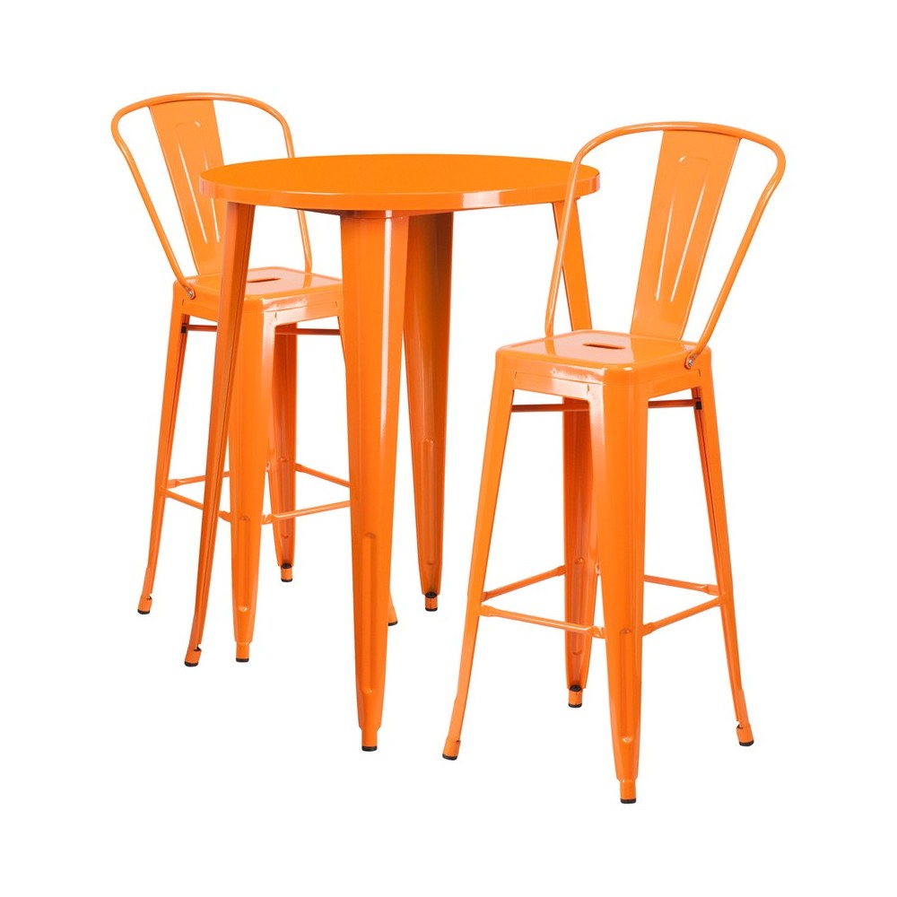 Commercial Grade 30" Round Orange Metal Indoor-Outdoor Bar Table Set with 2 Cafe Stools