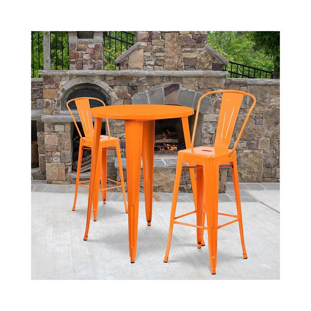 Commercial Grade 30" Round Orange Metal Indoor-Outdoor Bar Table Set with 2 Cafe Stools