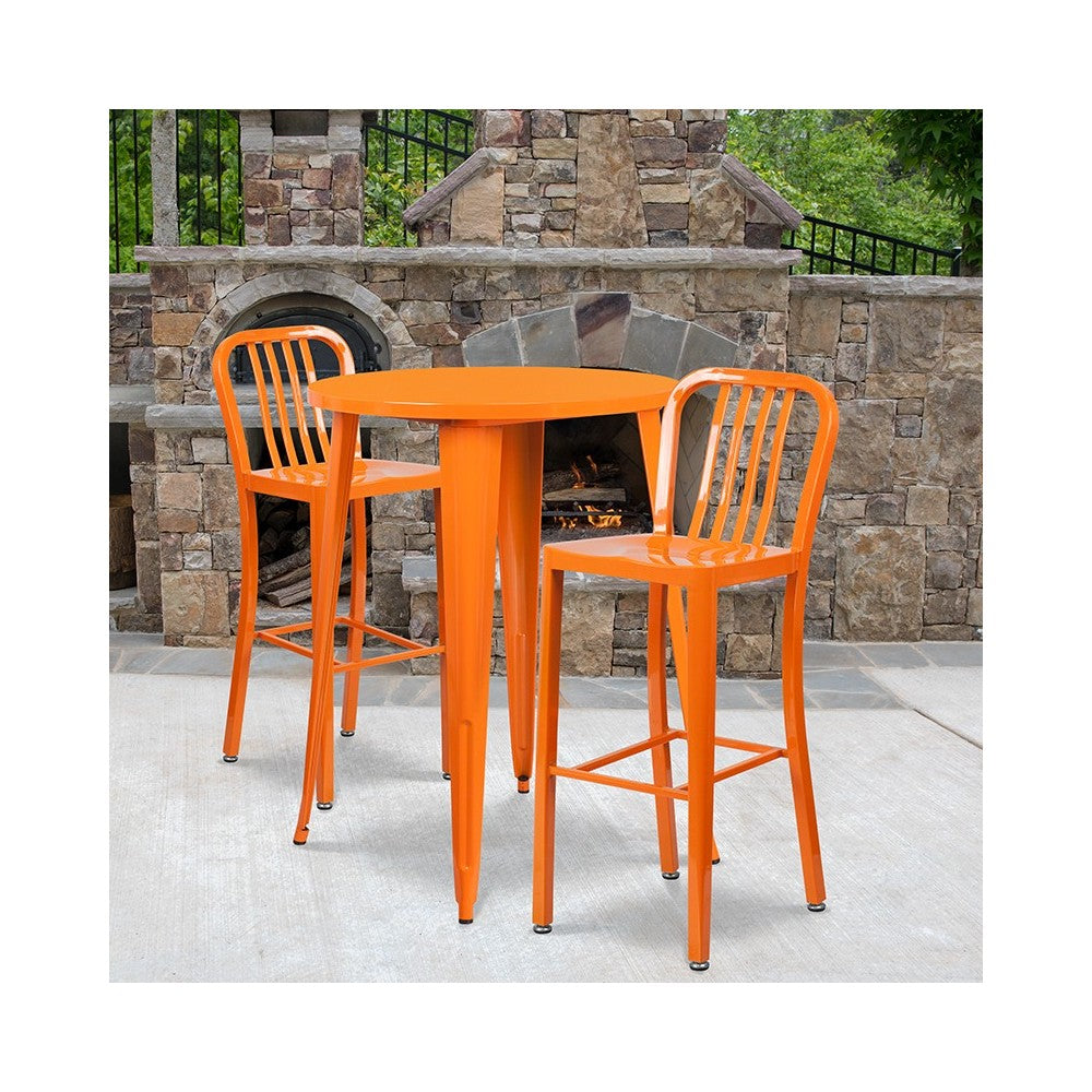 Commercial Grade 30" Round Orange Metal Indoor-Outdoor Bar Table Set with 2 Vertical Slat Back Stools