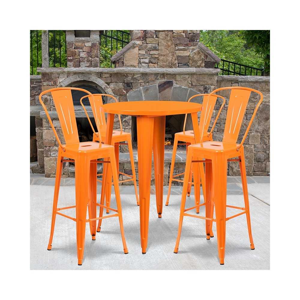 Commercial Grade 30" Round Orange Metal Indoor-Outdoor Bar Table Set with 4 Cafe Stools