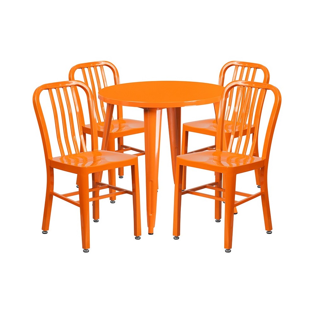 Commercial Grade 30" Round Orange Metal Indoor-Outdoor Table Set with 4 Vertical Slat Back Chairs