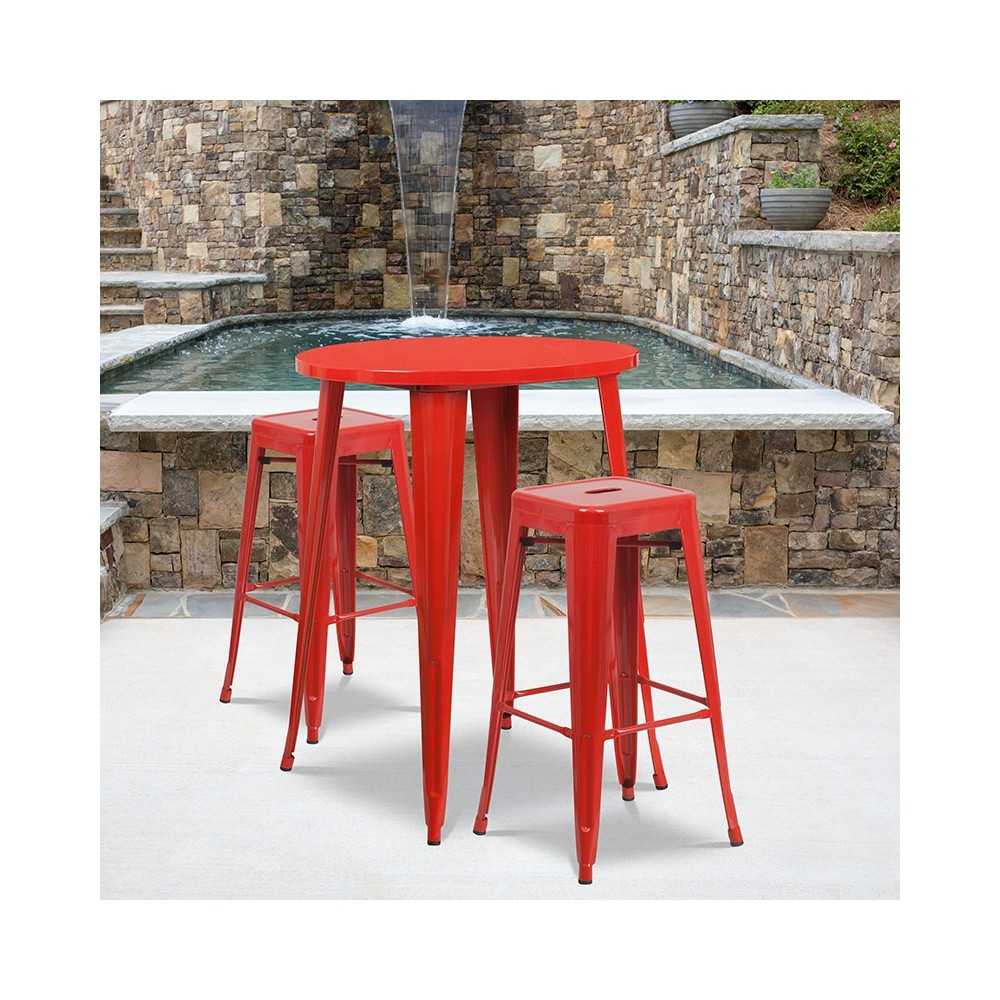 Commercial Grade 30" Round Red Metal Indoor-Outdoor Bar Table Set with 2 Square Seat Backless Stools