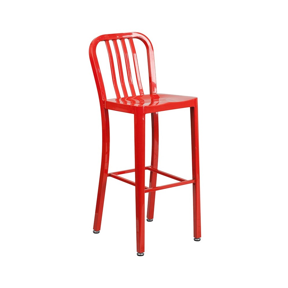 Commercial Grade 30" Round Red Metal Indoor-Outdoor Bar Table Set with 2 Vertical Slat Back Stools