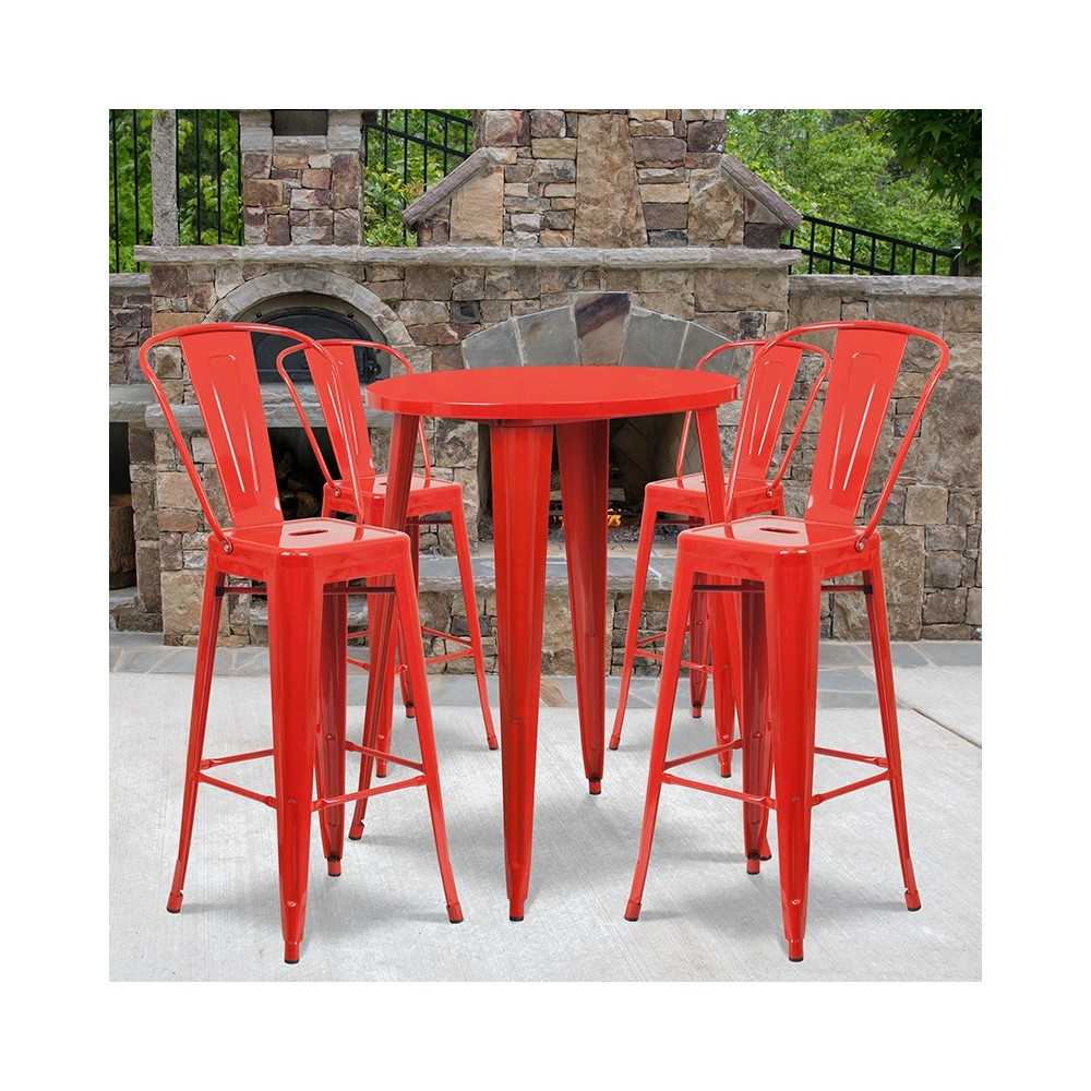 Commercial Grade 30" Round Red Metal Indoor-Outdoor Bar Table Set with 4 Cafe Stools
