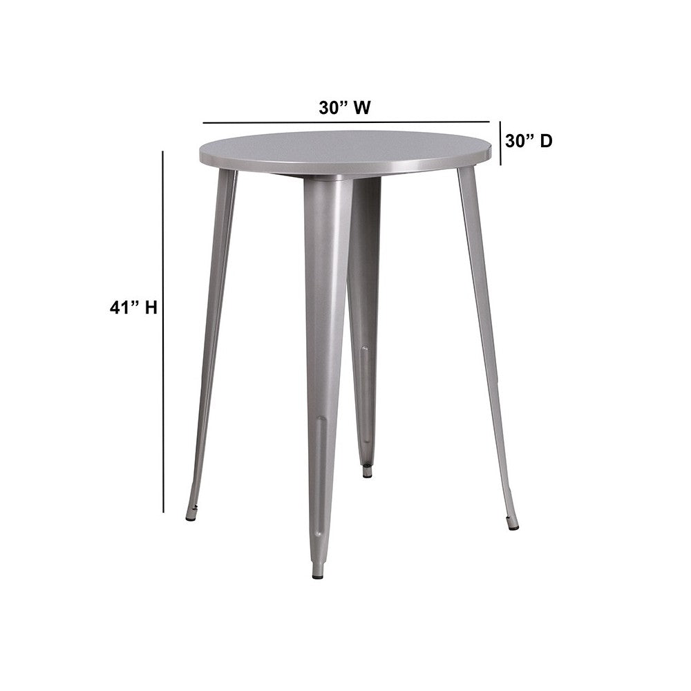 Commercial Grade 30" Round Silver Metal Indoor-Outdoor Bar Height Table