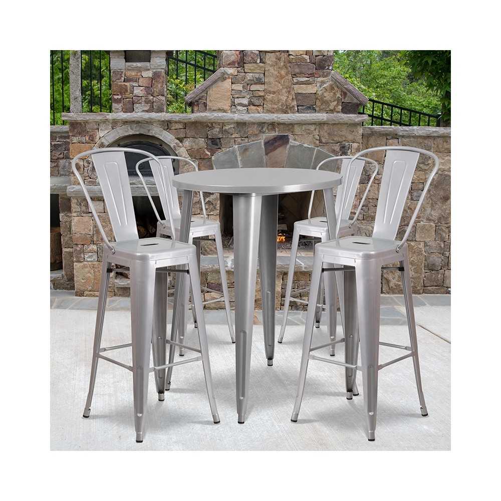 Commercial Grade 30" Round Silver Metal Indoor-Outdoor Bar Table Set with 4 Cafe Stools
