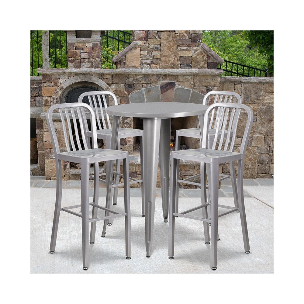 Commercial Grade 30" Round Silver Metal Indoor-Outdoor Bar Table Set with 4 Vertical Slat Back Stools