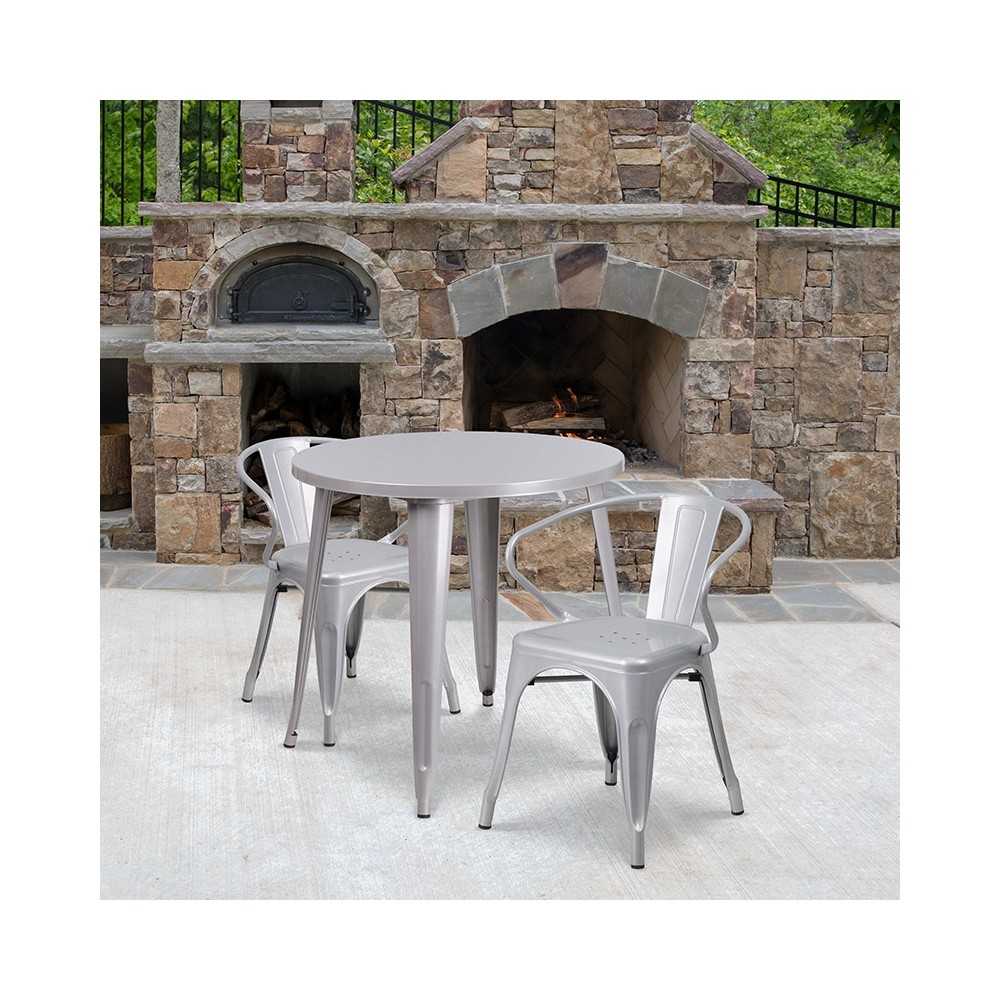 Commercial Grade 30" Round Silver Metal Indoor-Outdoor Table Set with 2 Arm Chairs