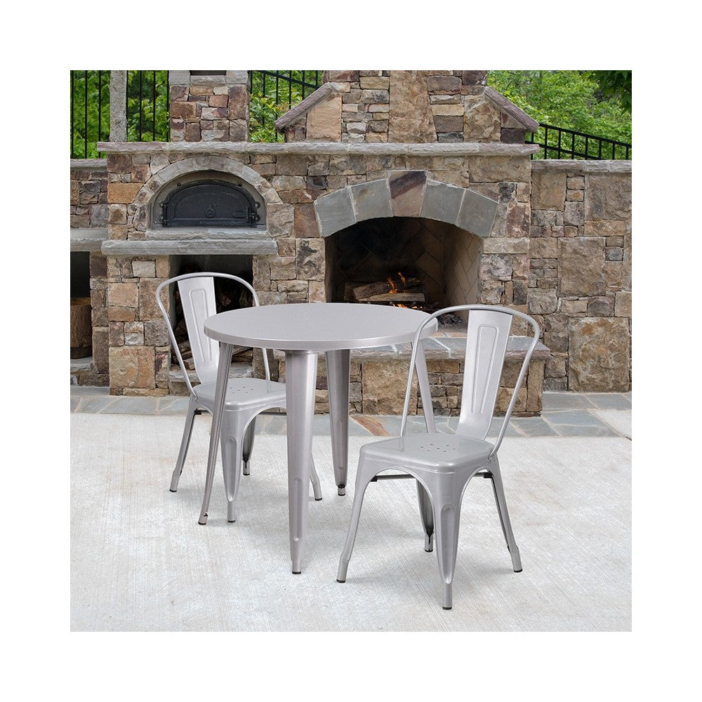 Commercial Grade 30" Round Silver Metal Indoor-Outdoor Table Set with 2 Cafe Chairs