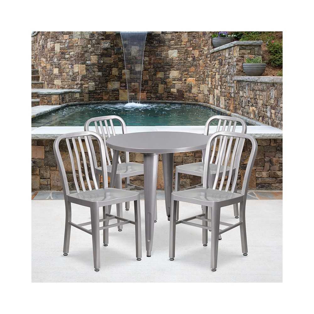 Commercial Grade 30" Round Silver Metal Indoor-Outdoor Table Set with 4 Vertical Slat Back Chairs