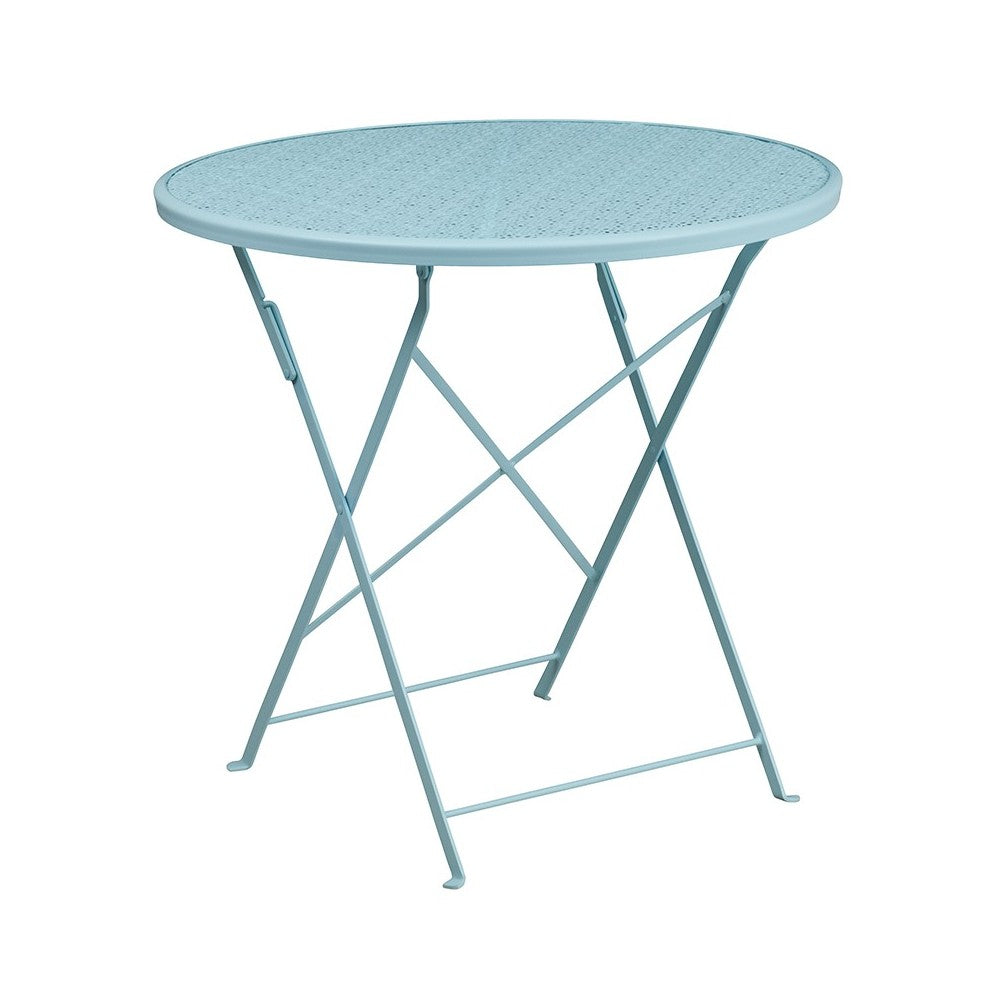 Commercial Grade 30" Round Sky Blue Indoor-Outdoor Steel Folding Patio Table Set with 2 Round Back Chairs