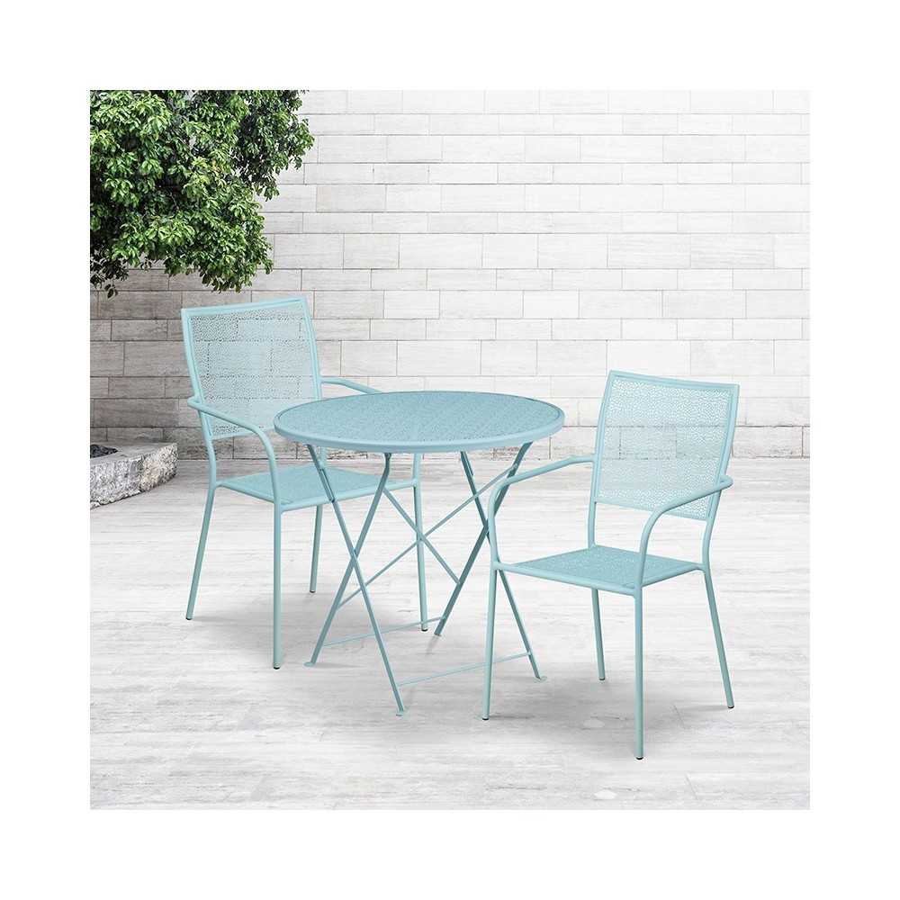 Commercial Grade 30" Round Sky Blue Indoor-Outdoor Steel Folding Patio Table Set with 2 Square Back Chairs