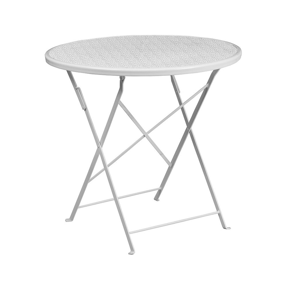 Commercial Grade 30" Round White Indoor-Outdoor Steel Folding Patio Table Set with 2 Round Back Chairs