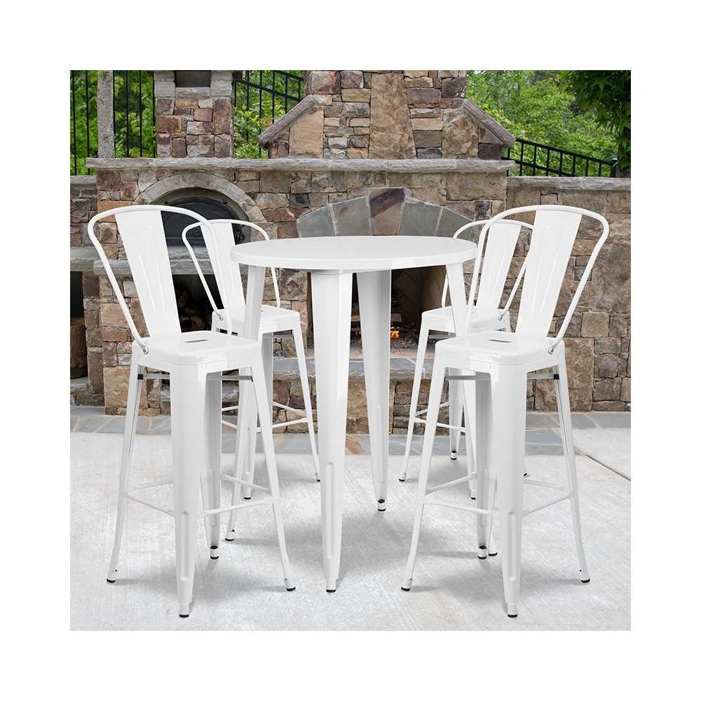 Commercial Grade 30" Round White Metal Indoor-Outdoor Bar Table Set with 4 Cafe Stools