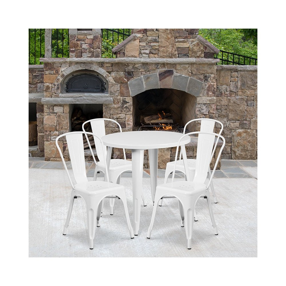 Commercial Grade 30" Round White Metal Indoor-Outdoor Table Set with 4 Cafe Chairs