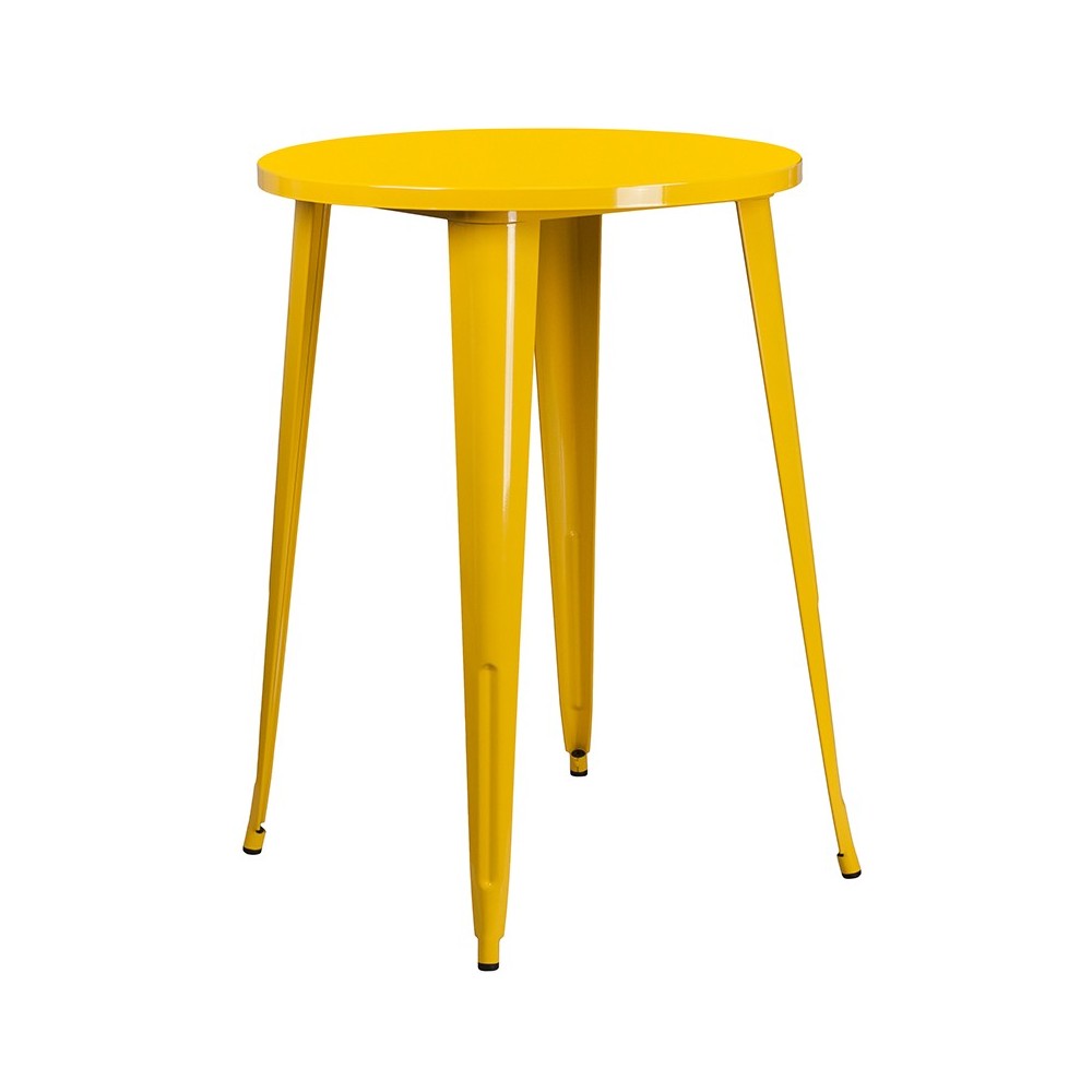 Commercial Grade 30" Round Yellow Metal Indoor-Outdoor Bar Table Set with 2 Cafe Stools