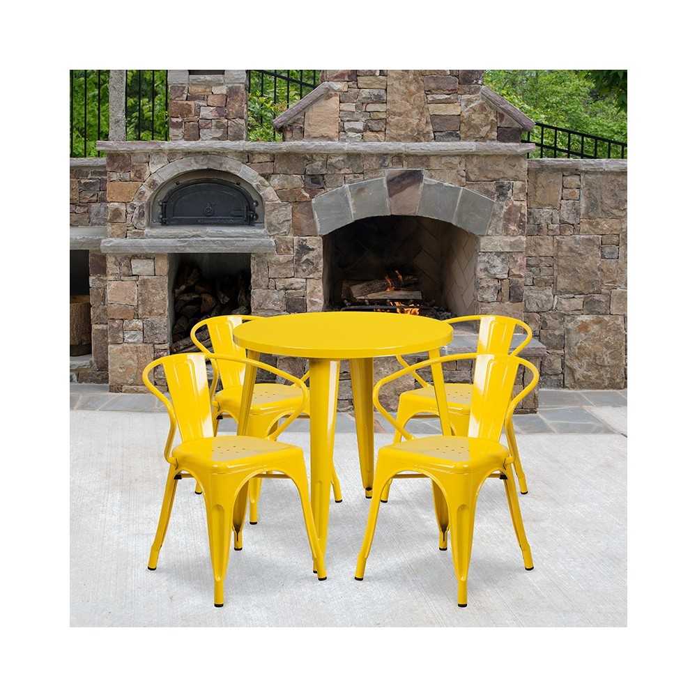 Commercial Grade 30" Round Yellow Metal Indoor-Outdoor Table Set with 4 Arm Chairs