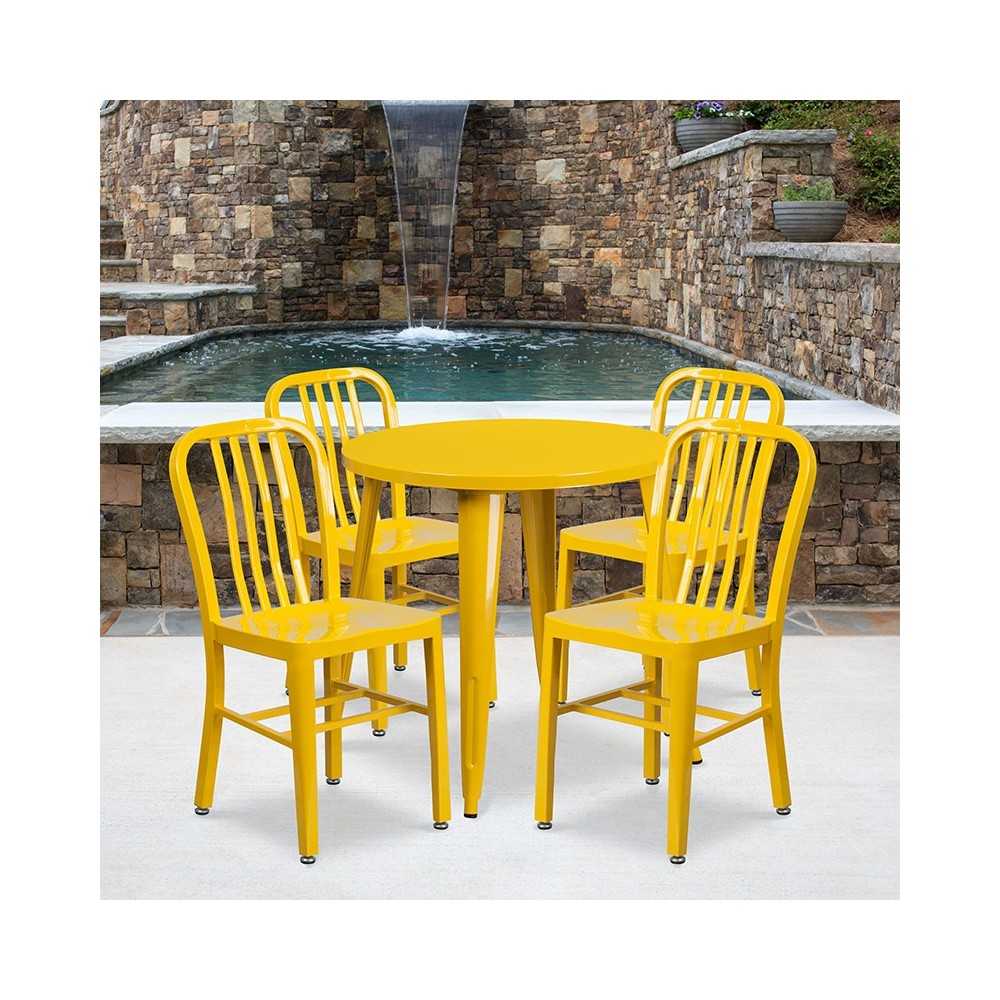 Commercial Grade 30" Round Yellow Metal Indoor-Outdoor Table Set with 4 Vertical Slat Back Chairs