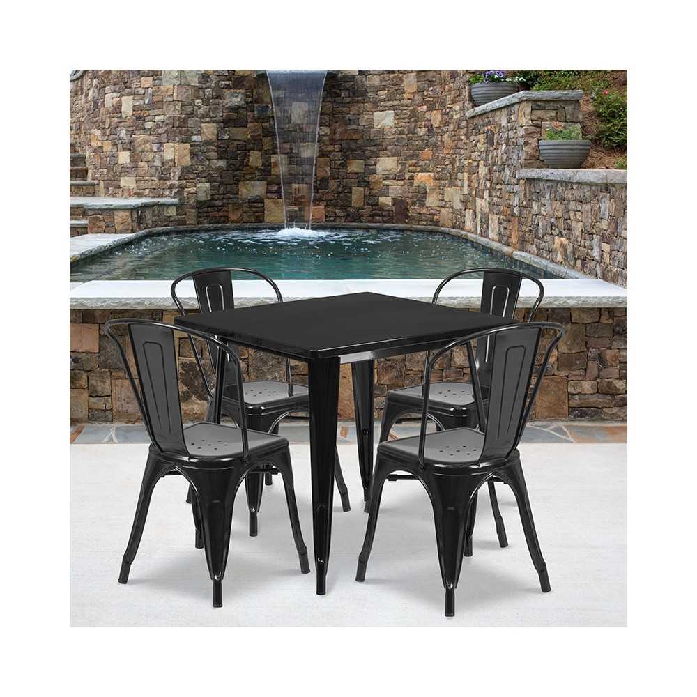 Commercial Grade 31.5" Square Black Metal Indoor-Outdoor Table Set with 4 Stack Chairs