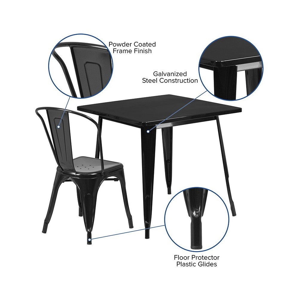 Commercial Grade 31.5" Square Black Metal Indoor-Outdoor Table Set with 4 Stack Chairs