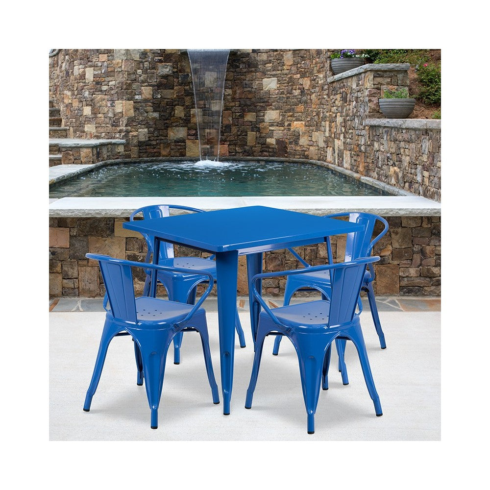 Commercial Grade 31.5" Square Blue Metal Indoor-Outdoor Table Set with 4 Arm Chairs