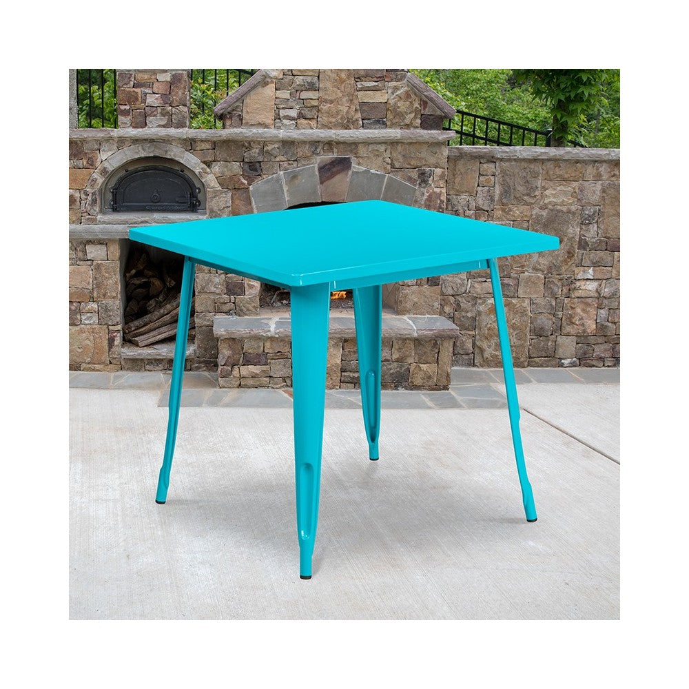 Commercial Grade 31.5" Square Crystal Teal-Blue Metal Indoor-Outdoor Table