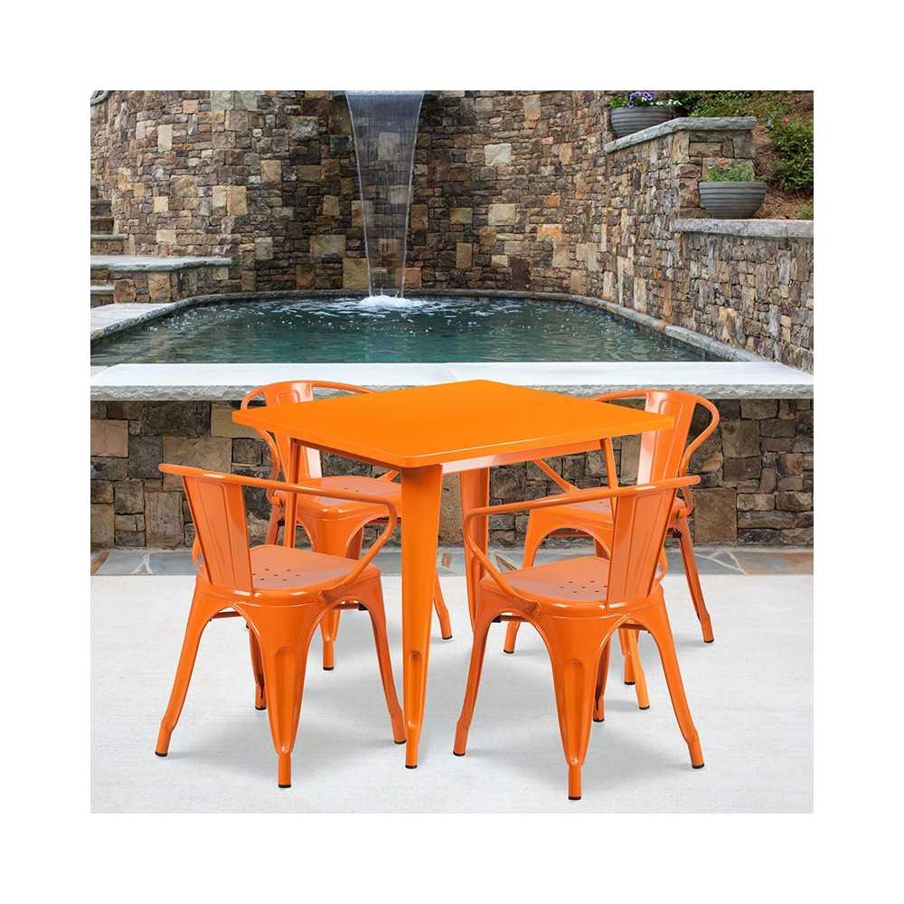 Commercial Grade 31.5" Square Orange Metal Indoor-Outdoor Table Set with 4 Arm Chairs