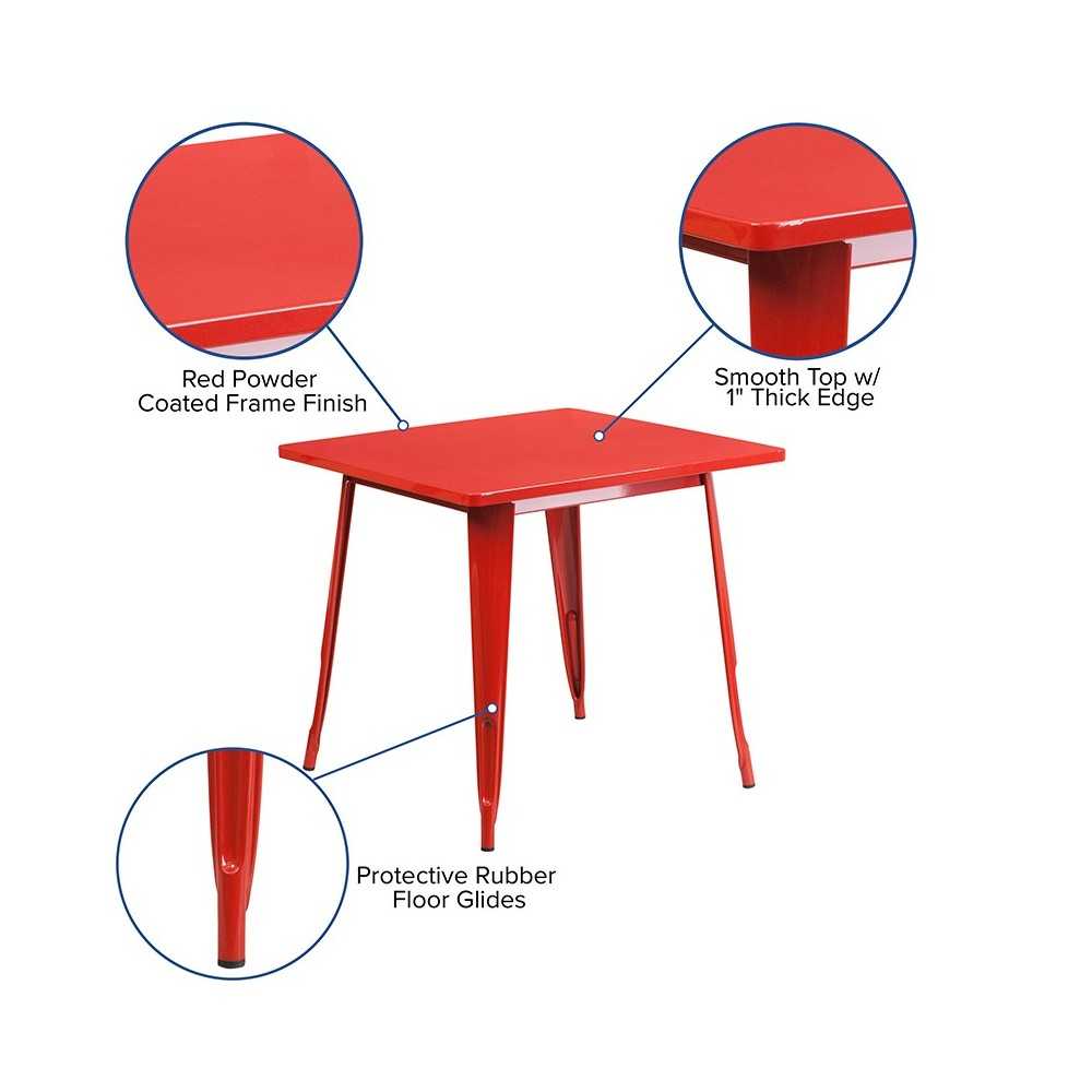 Commercial Grade 31.5" Square Red Metal Indoor-Outdoor Table