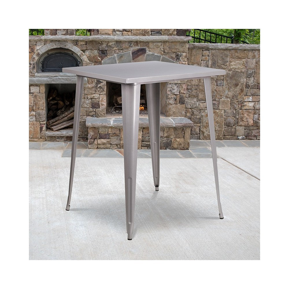 Commercial Grade 31.5" Square Silver Metal Indoor-Outdoor Bar Height Table