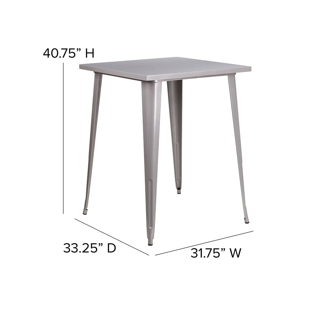 Commercial Grade 31.5" Square Silver Metal Indoor-Outdoor Bar Height Table