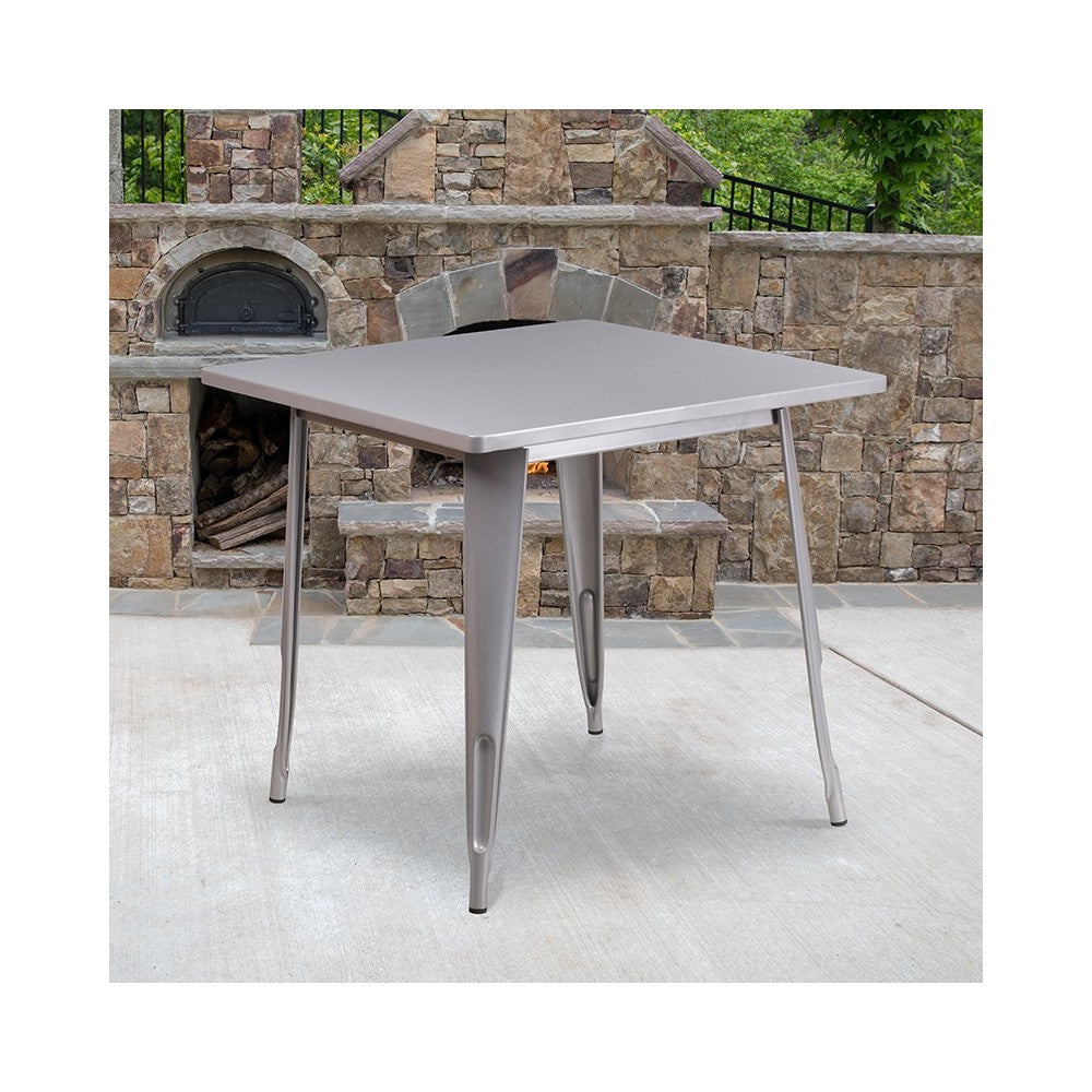 Commercial Grade 31.5" Square Silver Metal Indoor-Outdoor Table