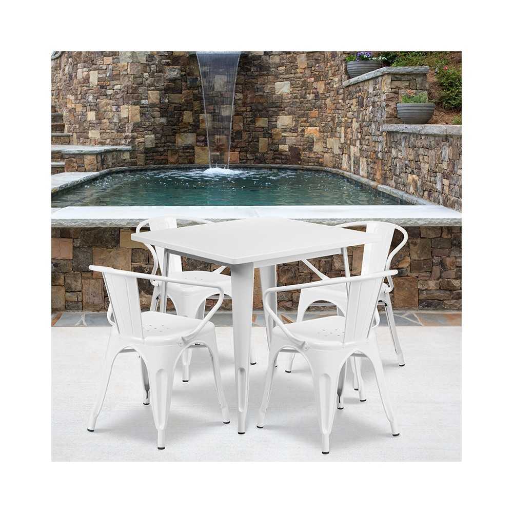 Commercial Grade 31.5" Square White Metal Indoor-Outdoor Table Set with 4 Arm Chairs