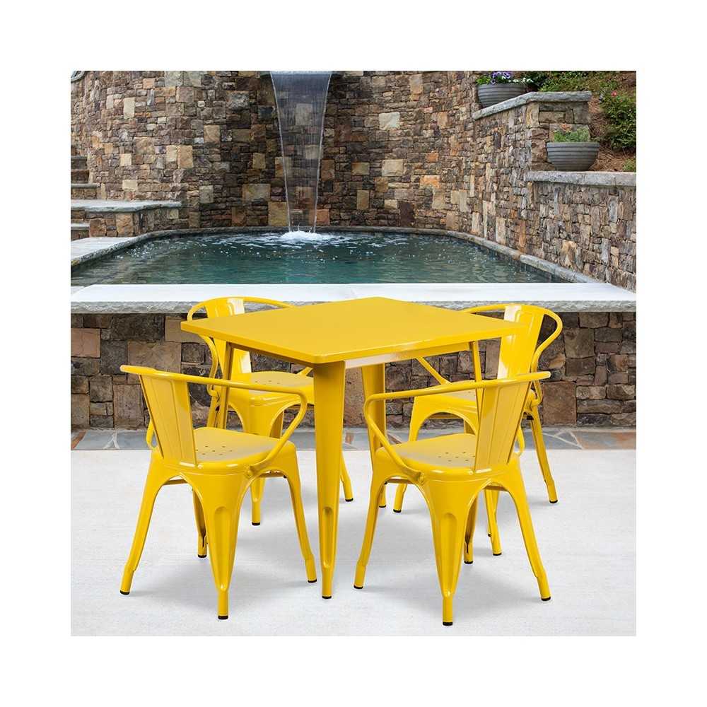 Commercial Grade 31.5" Square Yellow Metal Indoor-Outdoor Table Set with 4 Arm Chairs