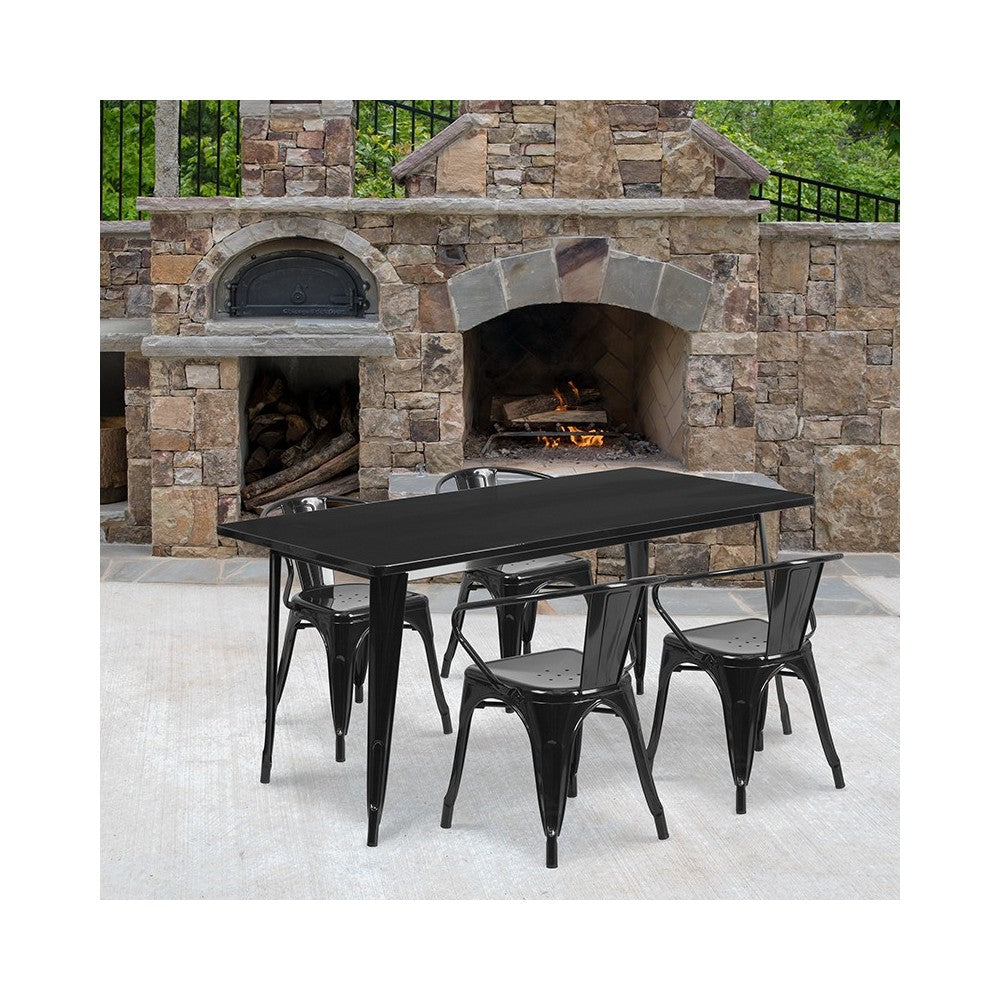 Commercial Grade 31.5" x 63" Rectangular Black Metal Indoor-Outdoor Table Set with 4 Arm Chairs