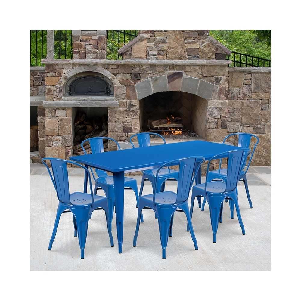 Commercial Grade 31.5" x 63" Rectangular Blue Metal Indoor-Outdoor Table Set with 6 Stack Chairs
