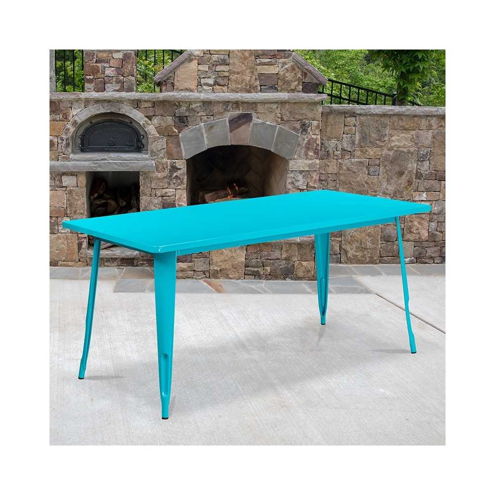 Commercial Grade 31.5" x 63" Rectangular Crystal Teal-Blue Metal Indoor-Outdoor Table