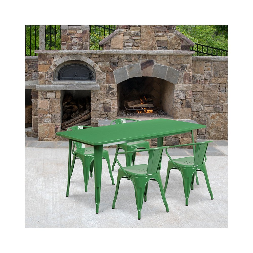 Commercial Grade 31.5" x 63" Rectangular Green Metal Indoor-Outdoor Table Set with 4 Arm Chairs
