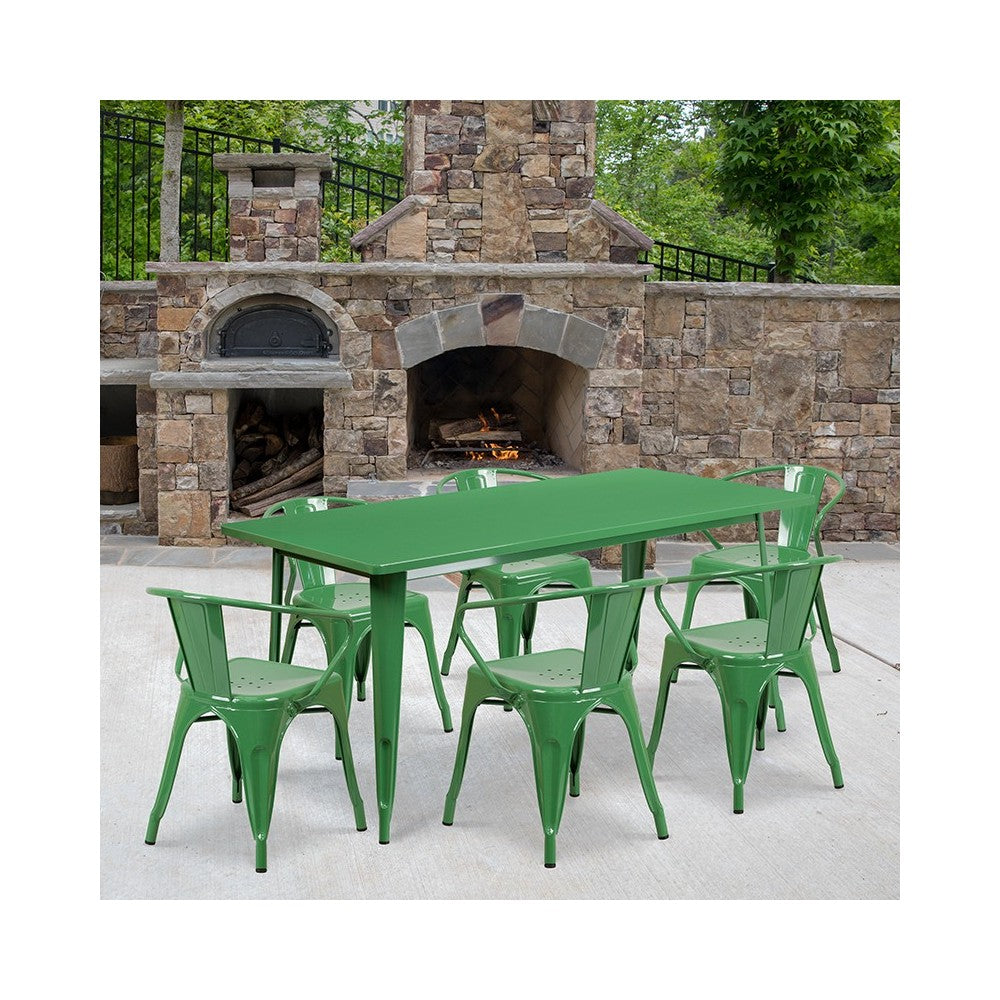 Commercial Grade 31.5" x 63" Rectangular Green Metal Indoor-Outdoor Table Set with 6 Arm Chairs