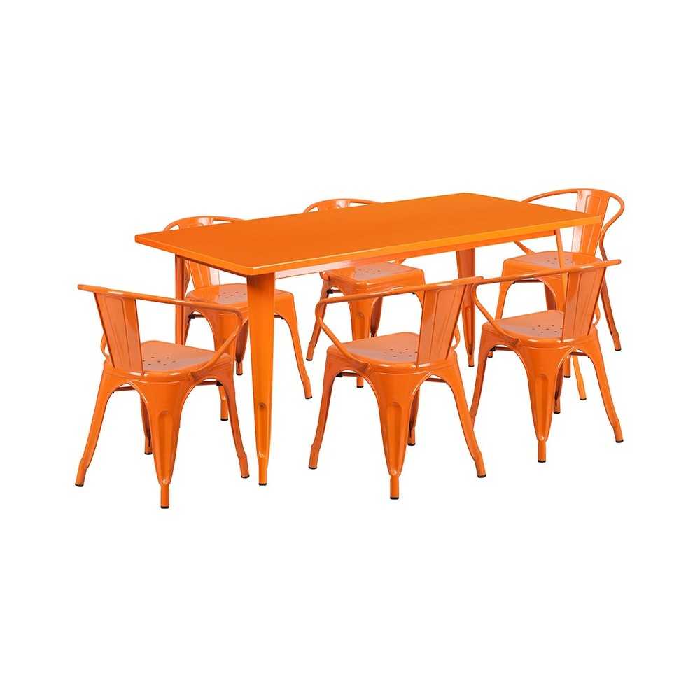Commercial Grade 31.5" x 63" Rectangular Orange Metal Indoor-Outdoor Table Set with 6 Arm Chairs