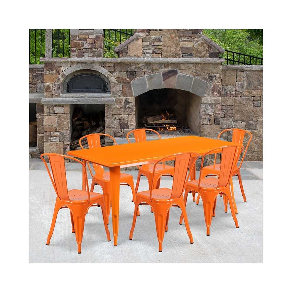 Commercial Grade 31.5" x 63" Rectangular Orange Metal Indoor-Outdoor Table Set with 6 Stack Chairs