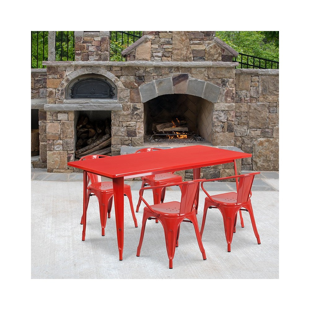 Commercial Grade 31.5" x 63" Rectangular Red Metal Indoor-Outdoor Table Set with 4 Arm Chairs
