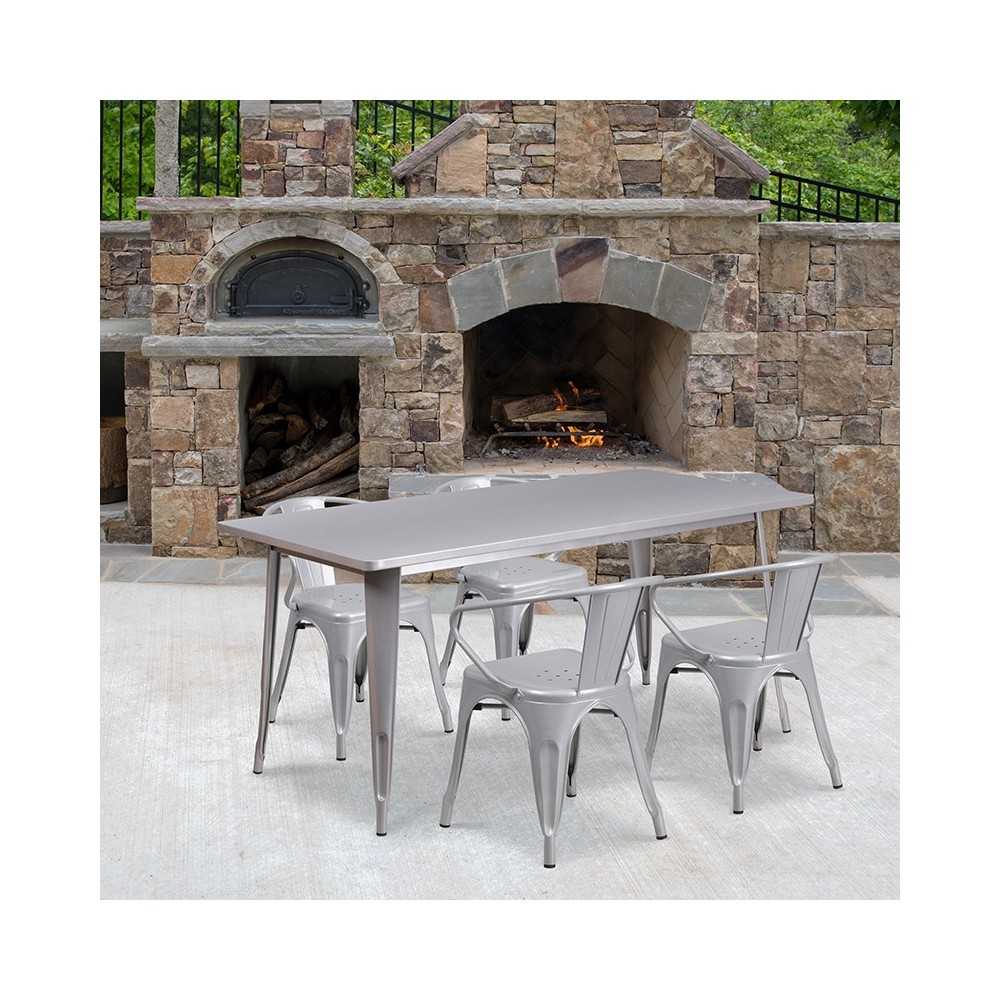 Commercial Grade 31.5" x 63" Rectangular Silver Metal Indoor-Outdoor Table Set with 4 Arm Chairs