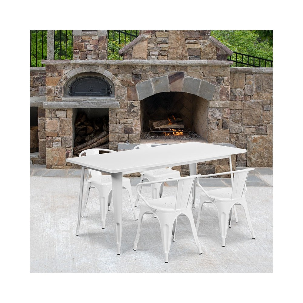 Commercial Grade 31.5" x 63" Rectangular White Metal Indoor-Outdoor Table Set with 4 Arm Chairs